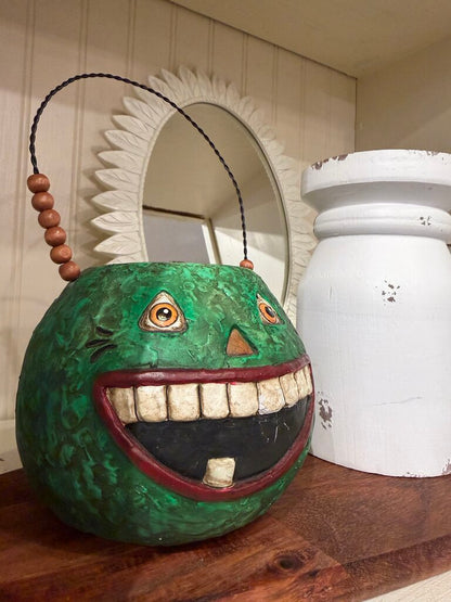 Bethany Lowe Paper Mache Green Pumpkin Treat Bucket with Wire Handle