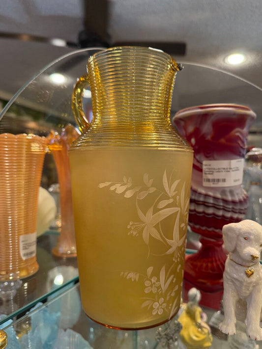 Vtg Amber Glass Pitcher Frosted Enameled Flowers