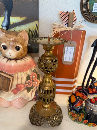 Vintage Ornate Brass Figurine Pillar Candlestick Holder with Metal Detailing