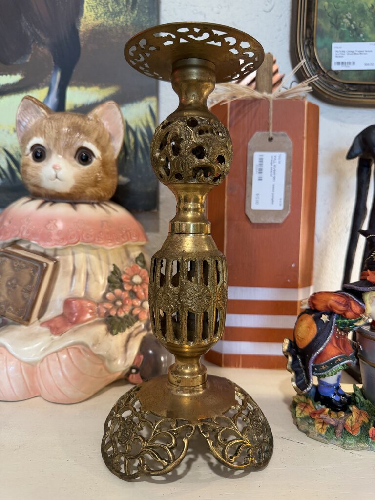 Vintage Ornate Brass Figurine Pillar Candlestick Holder with Metal Detailing
