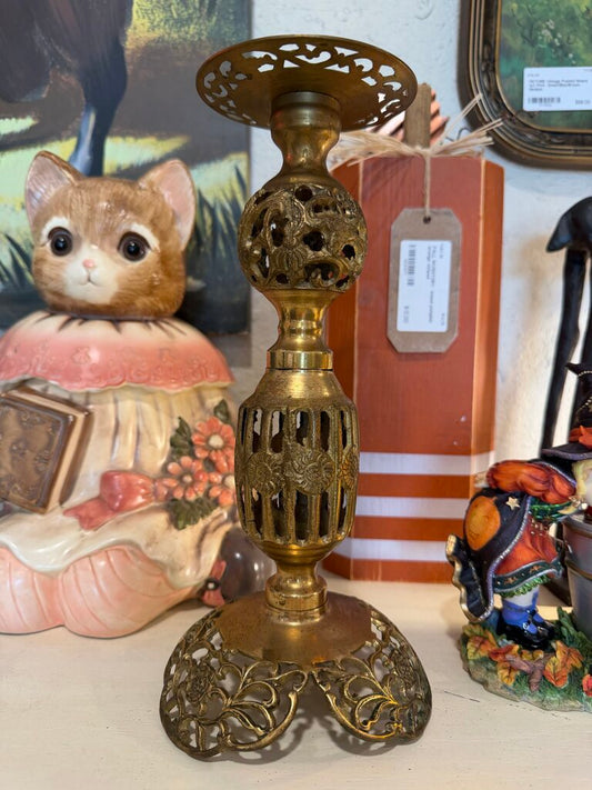 Vintage Ornate Brass Figurine Pillar Candlestick Holder with Metal Detailing