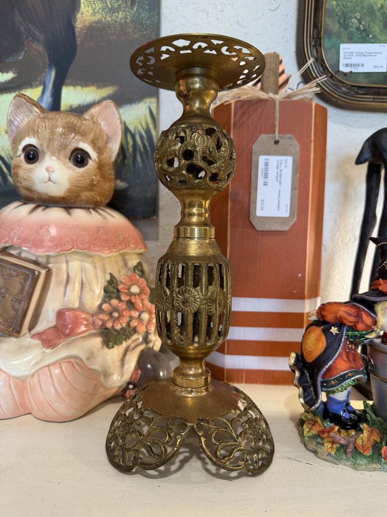 Vintage Ornate Brass Figurine Pillar Candlestick Holder with Metal Detailing