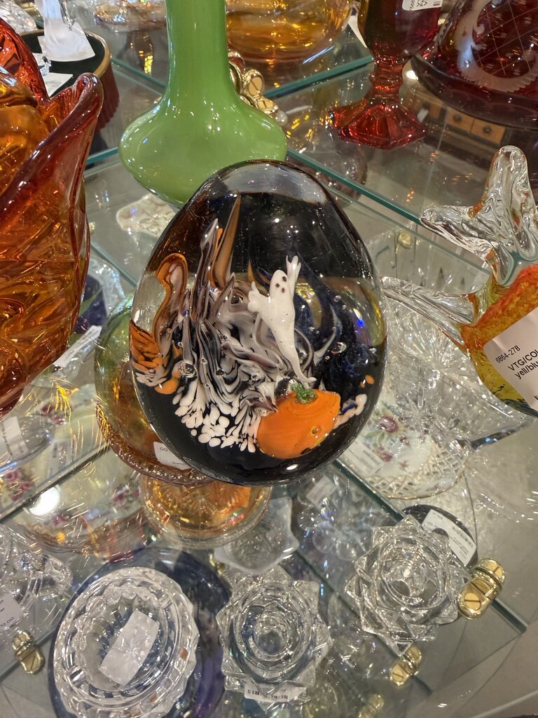Crystal Halloween Paperweight Egg Hand Blown Ghost & Pumpkin
