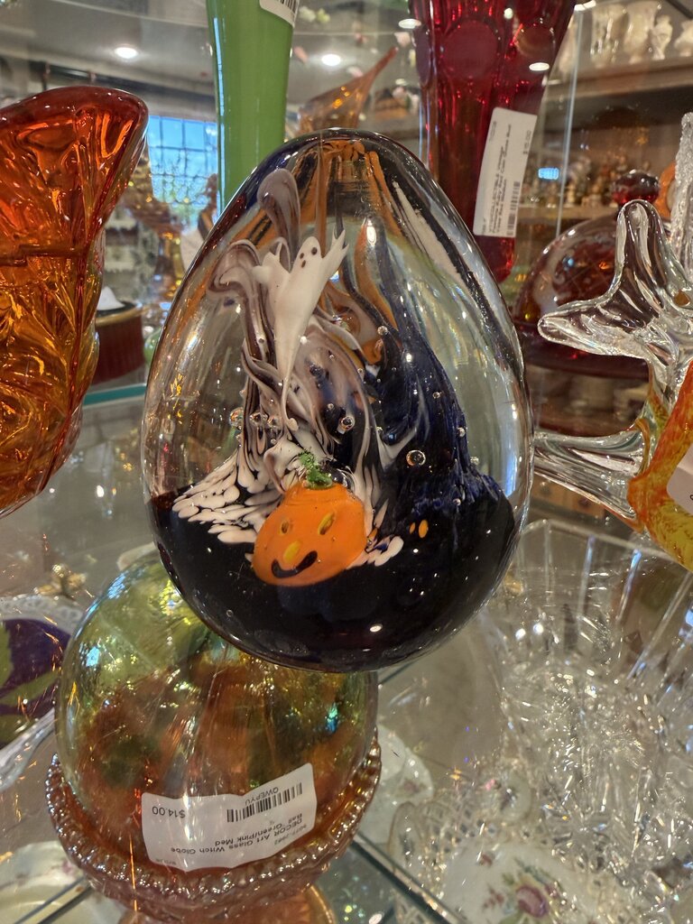 Crystal Halloween Paperweight Egg Hand Blown Ghost & Pumpkin