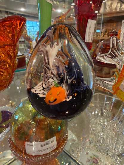 Crystal Halloween Paperweight Egg Hand Blown Ghost & Pumpkin