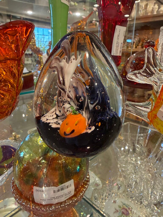 Crystal Halloween Paperweight Egg Hand Blown Ghost & Pumpkin