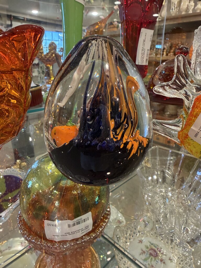 Crystal Halloween Paperweight Egg Hand Blown Ghost & Pumpkin