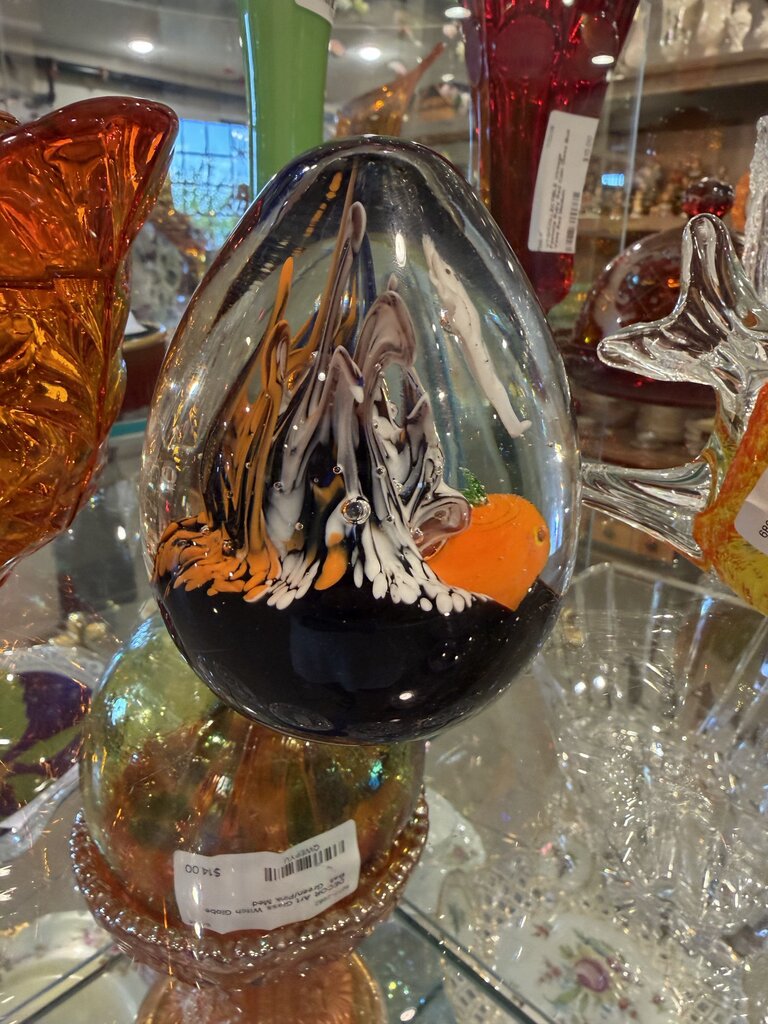 Crystal Halloween Paperweight Egg Hand Blown Ghost & Pumpkin