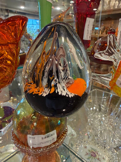Crystal Halloween Paperweight Egg Hand Blown Ghost & Pumpkin