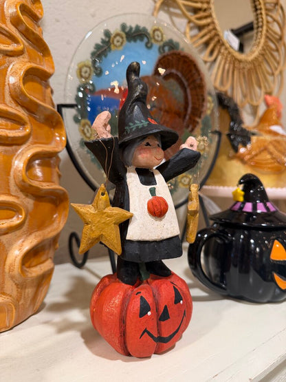 1994 House of Hatten Halloween Witch on Pumpkin Folk Art