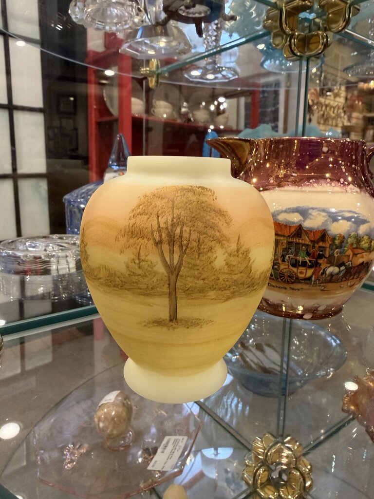 Fenton Hand Painted Burmese/Vaseline Tree Vase