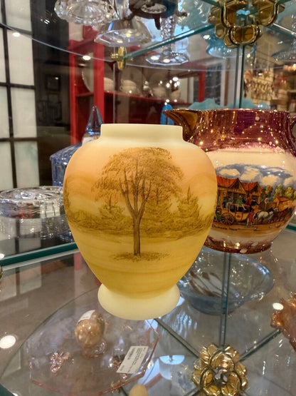 Fenton Hand Painted Burmese/Vaseline Tree Vase