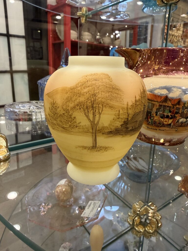 Fenton Hand Painted Burmese/Vaseline Tree Vase