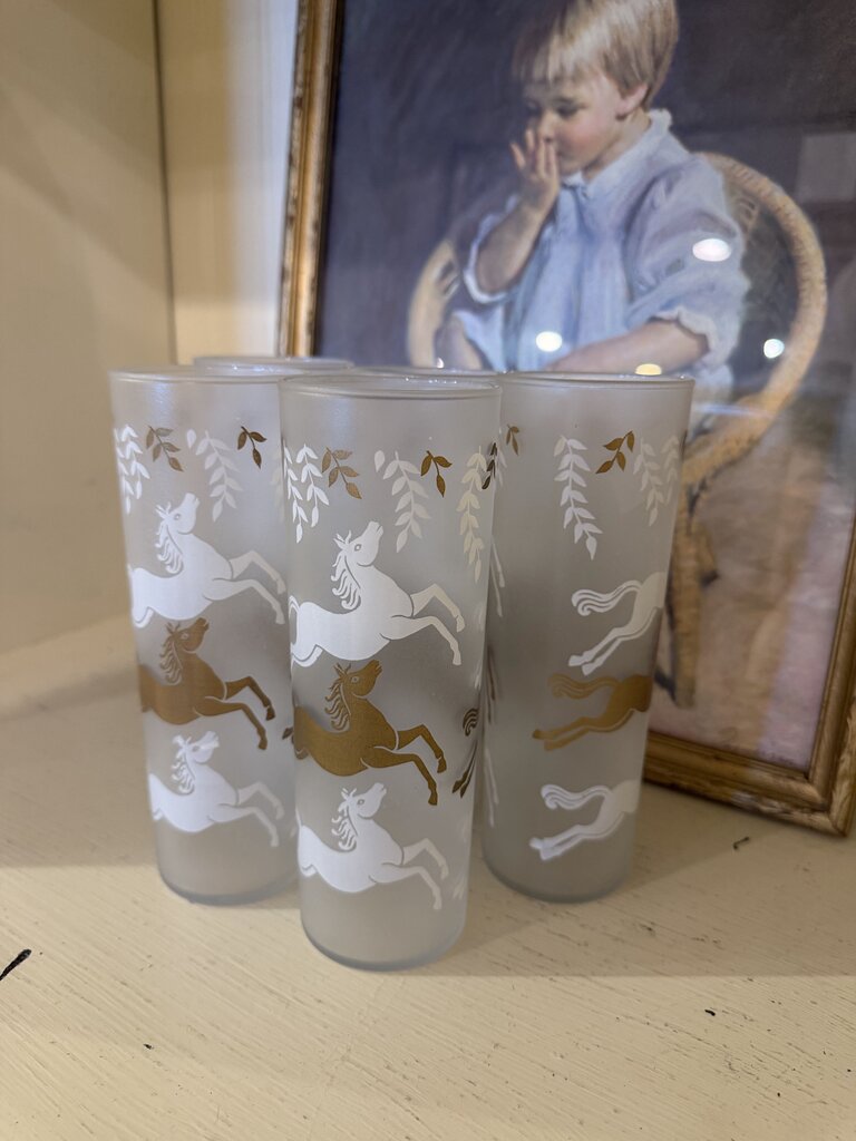 Vintage Frosted Gold & White Horses Tumbler Glasses “Cavalcade” By Libbey