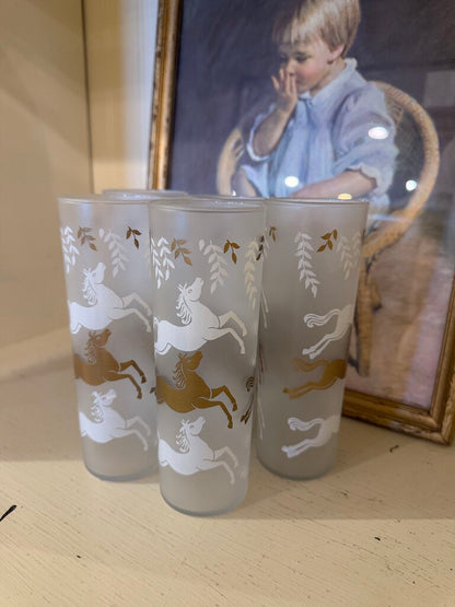 Vintage Frosted Gold & White Horses Tumbler Glasses “Cavalcade” By Libbey
