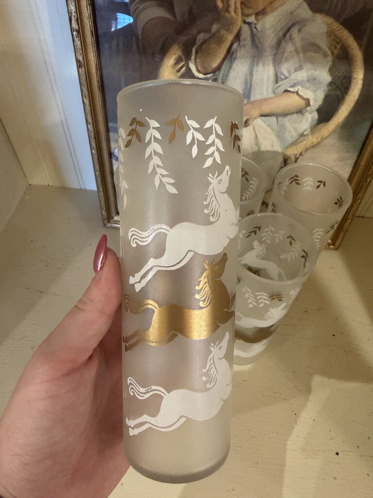 Vintage Frosted Gold & White Horses Tumbler Glasses “Cavalcade” By Libbey