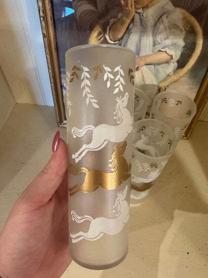 Vintage Frosted Gold & White Horses Tumbler Glasses “Cavalcade” By Libbey