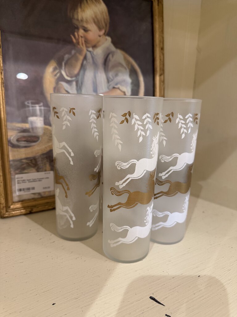 Vintage Frosted Gold & White Horses Tumbler Glasses “Cavalcade” By Libbey