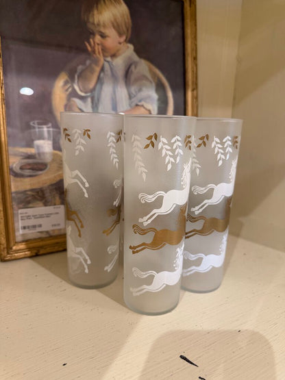 Vintage Frosted Gold & White Horses Tumbler Glasses “Cavalcade” By Libbey