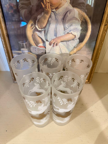 Vintage Frosted Gold & White Horses Tumbler Glasses “Cavalcade” By Libbey