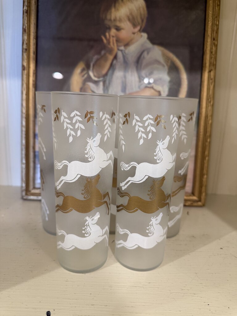 Vintage Frosted Gold & White Horses Tumbler Glasses “Cavalcade” By Libbey